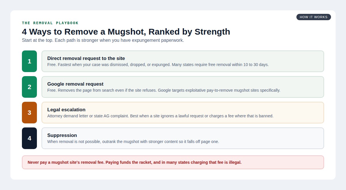 Ranked infographic of four mugshot removal methods: site request, Google removal, legal escalation, and suppression