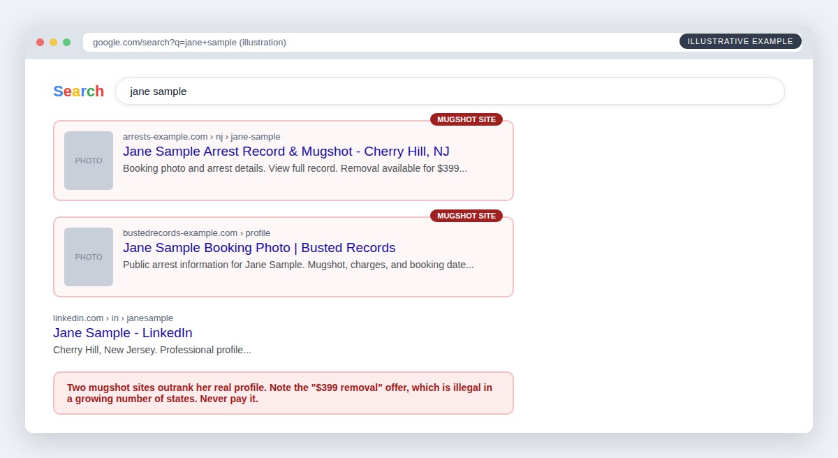 Illustration of Google results showing two mugshot sites outranking a person's real LinkedIn profile